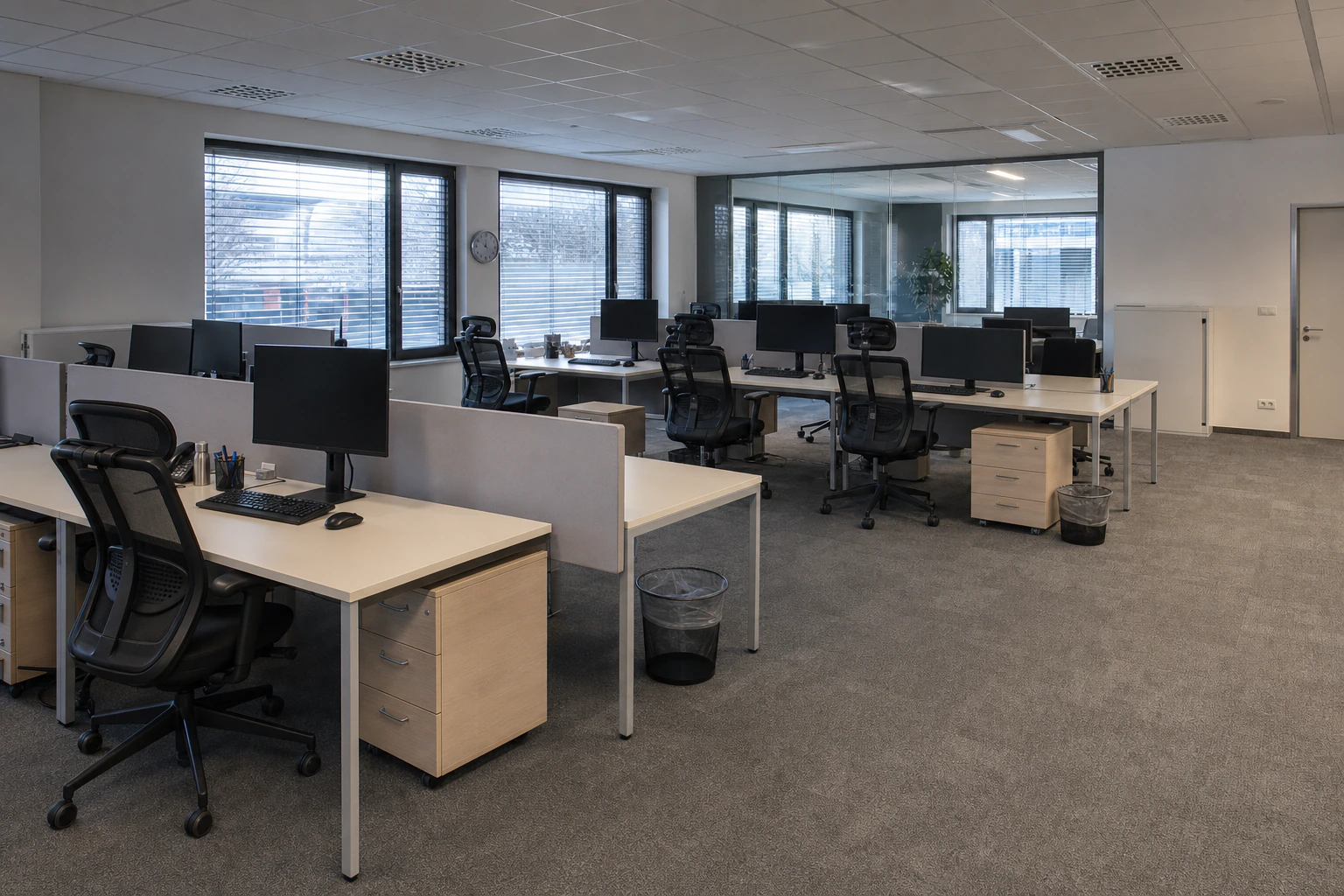 Kancelářský open space připravený po dokončení úklidové směny