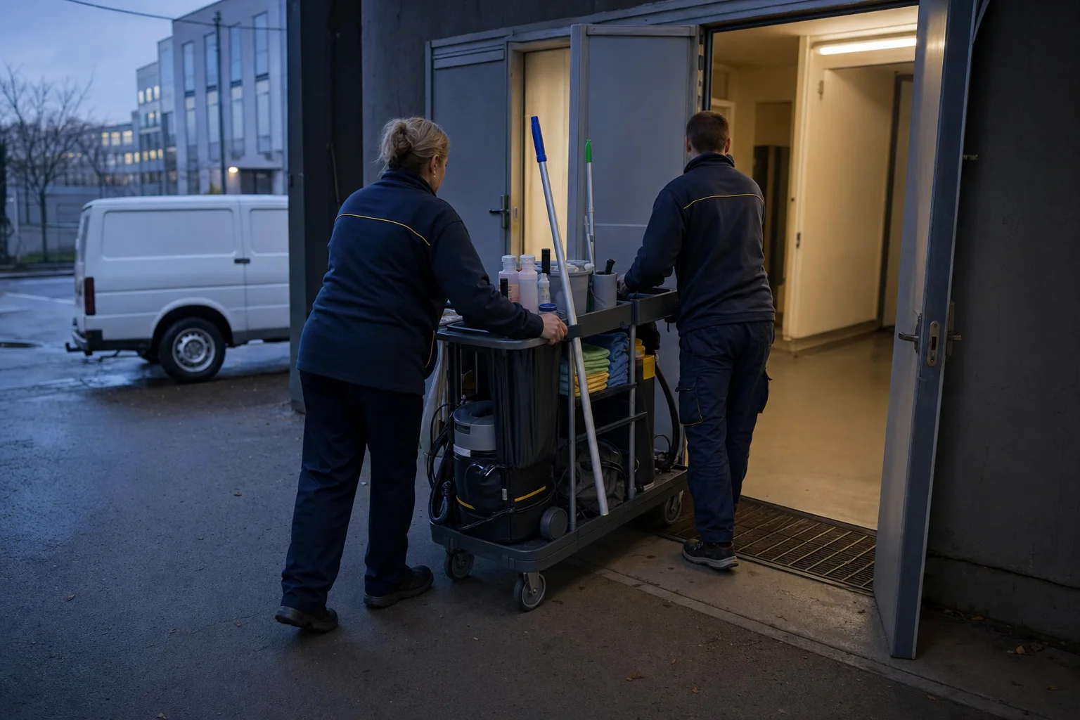 Nástup úklidového týmu a techniky do administrativní budovy